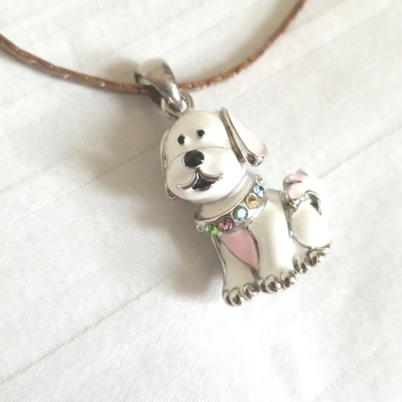 Jewelry - Vintage Dog Necklace Silver White Pink Rhinestone